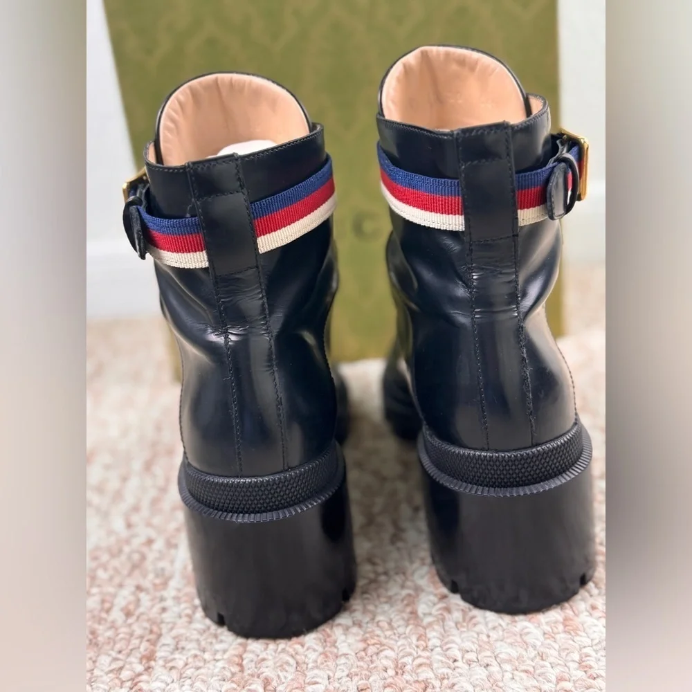 Gucci Sylvie Web Womens Lace Up Calfskin Leather Black Combat Boots Size 39. - Picture 3 of 11